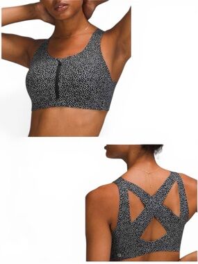 Lululemon Enlite Bra Zip Front Criss Cross Back Size 38D Navy Blue White Dot